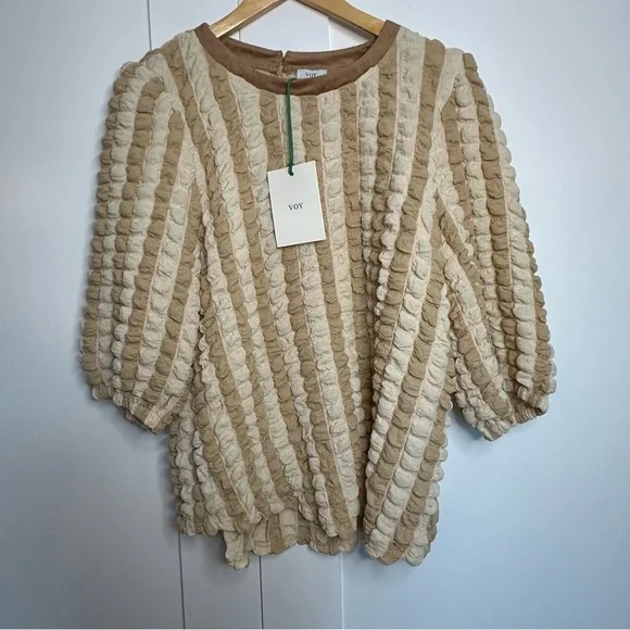 VOY puff textured blouse in beige tan cream short sleeve Large fun unique new - Picture 7 of 14